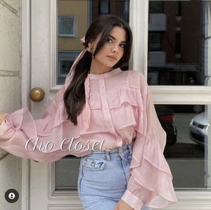 ZARA RUFFLED SHEER BLOUSE PINK NWT